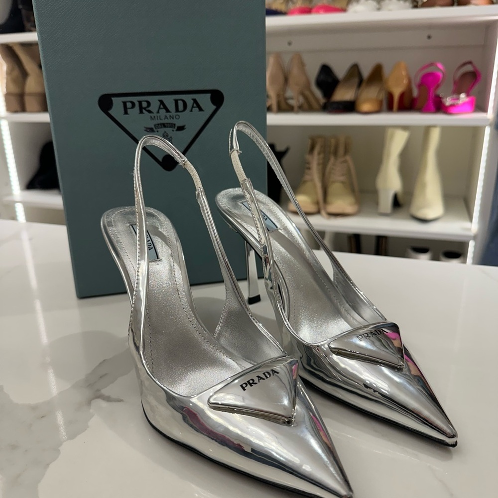 Prada Silver Pointed Toe Slingback Heels